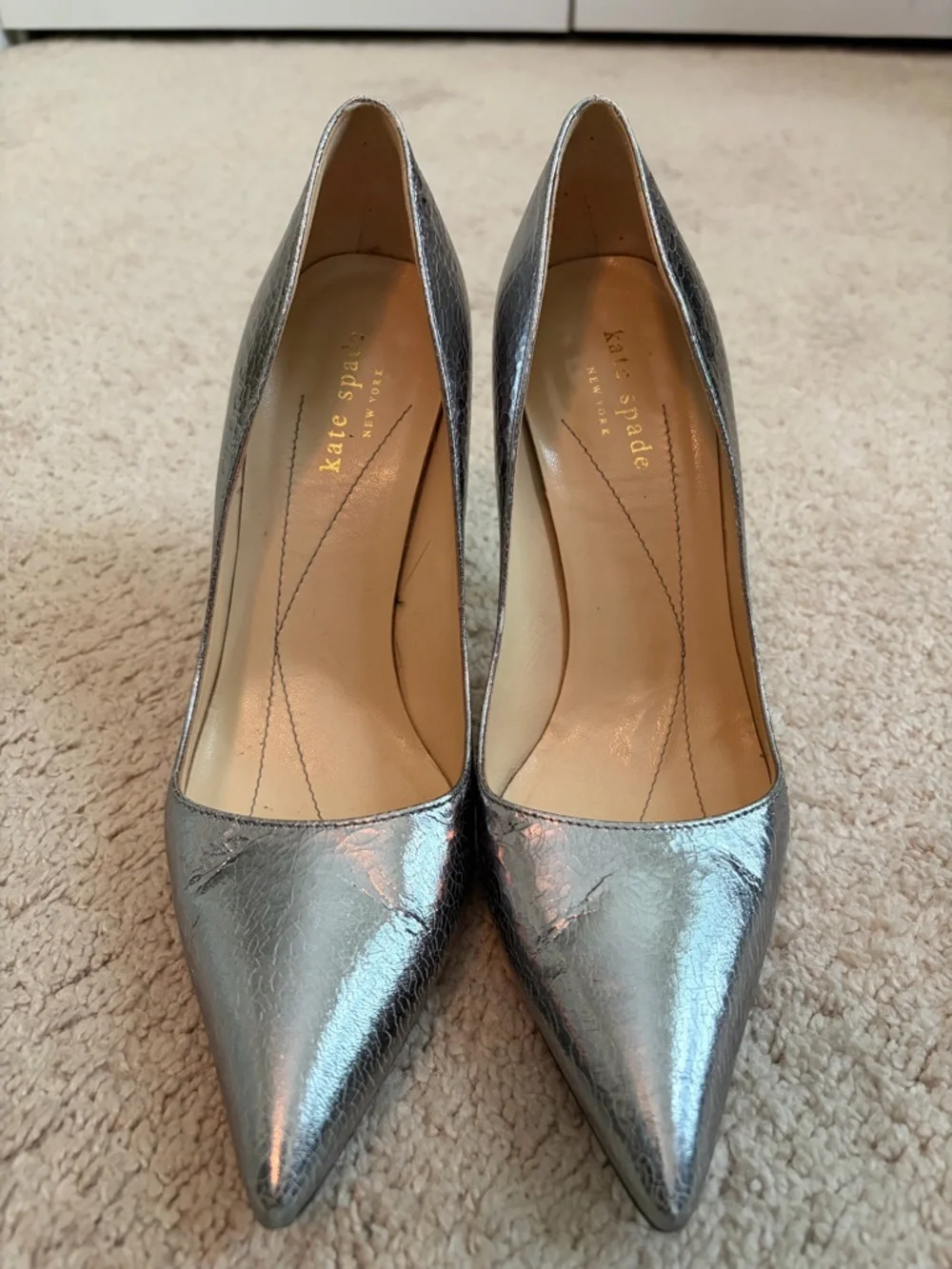 Kate Spade New York Silver Crackled Leather Pumps Heels Stilettos Women's Size 7